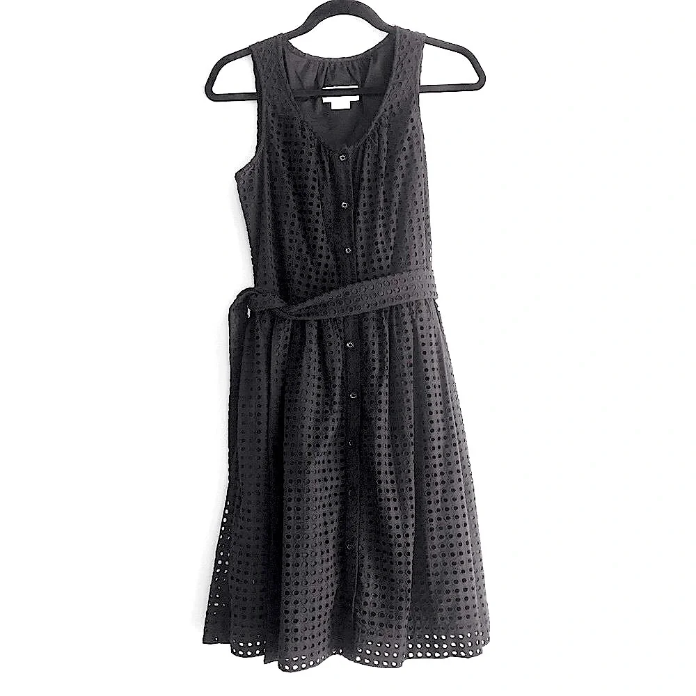 Kate Spade Broome Street Black Dot Eyelet Buttondown Tie Belt Midi Dress Small